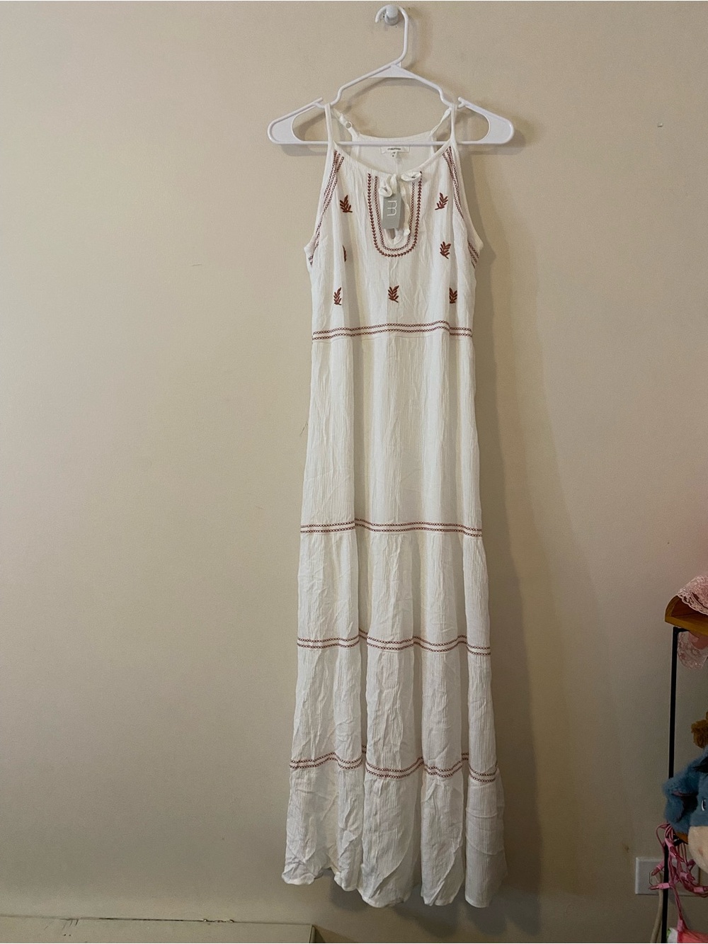 Maurices Boho Beachy White Maxi Dress with Rust Embroidery